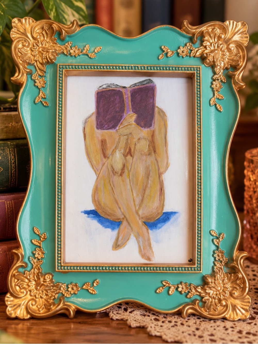 Turquoise and Gold Ornate Frame with Hand Painted Figurative Art